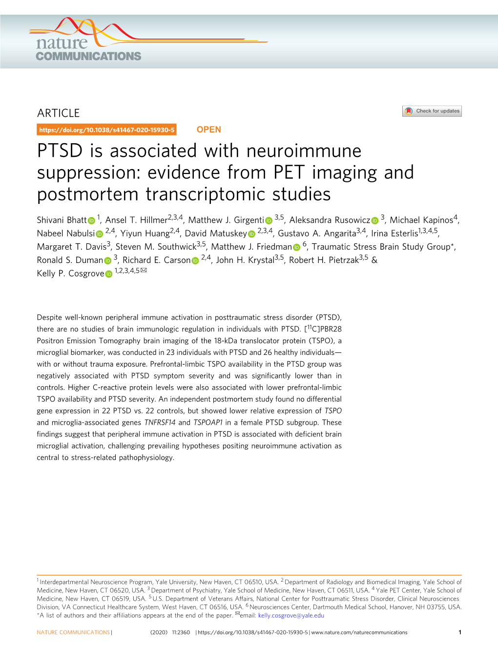 PTSD Is Associated with Neuroimmune Suppression: Evidence from PET Imaging and Postmortem Transcriptomic Studies