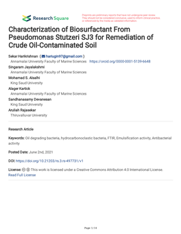 Characterization of Biosurfactant from Pseudomonas Stutzeri SJ3 for Remediation of Crude Oil-Contaminated Soil