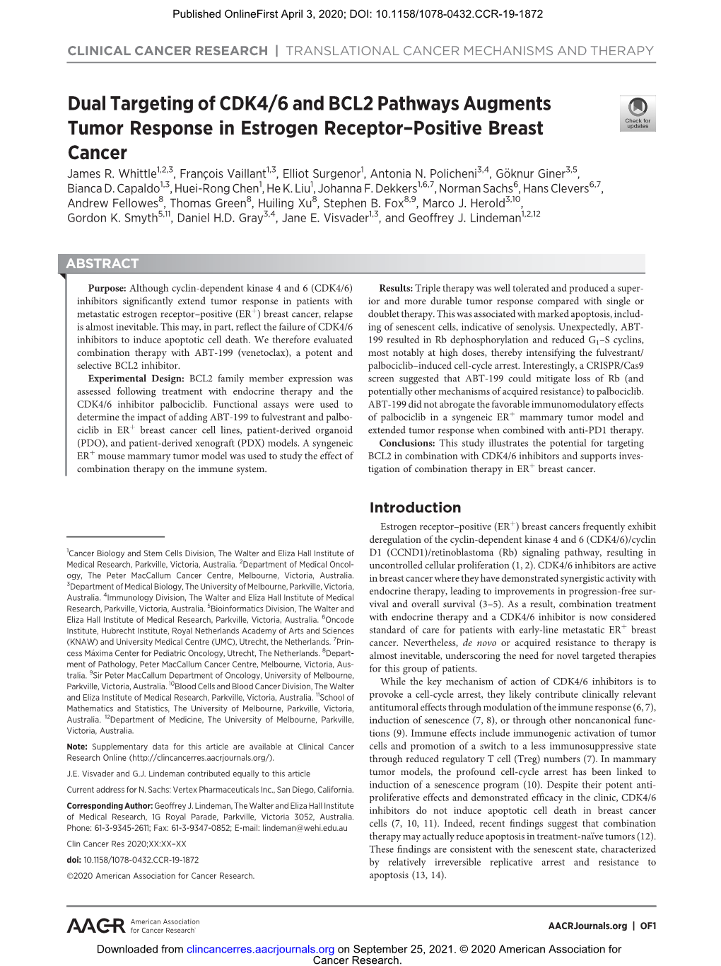 Dual Targeting of CDK4/6 and BCL2 Pathways Augments Tumor Response in Estrogen Receptor–Positive Breast Cancer James R