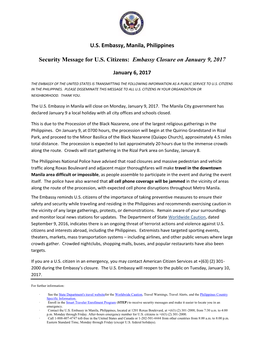 U.S. Embassy, Manila, Philippines Security Message for U.S. Citizens: Embassy Closure on January 9, 2017