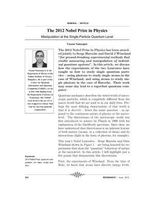 The 2012 Nobel Prize in Physics Manipulation at the Single-Particle Quantum Level