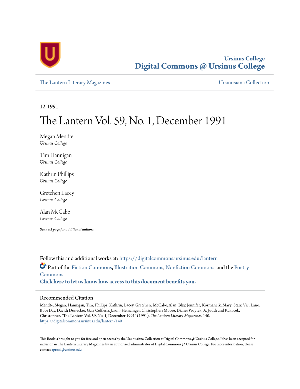 The Lantern Vol. 59, No. 1, December 1991 Megan Mendte Ursinus College