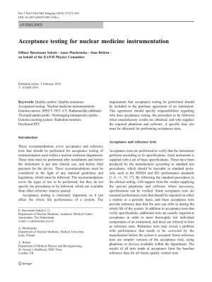 (EANM) Acceptance Testing for Nuclear Medicine Instrumentation