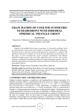 Gram Matrix of Coxeter Symmetric Tetrahedrons with Dihedral Spherical Triangle Group