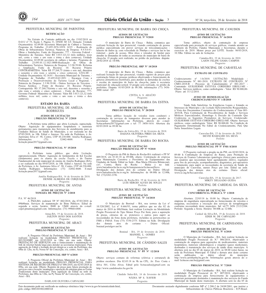 ISSN 1677-7069 3 Nº 34, Terça-Feira, 20 De Fevereiro De 2018