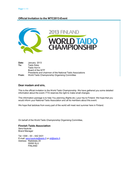 Dear Madam and Sirs, Finnish Taido Association Official Invitation to The