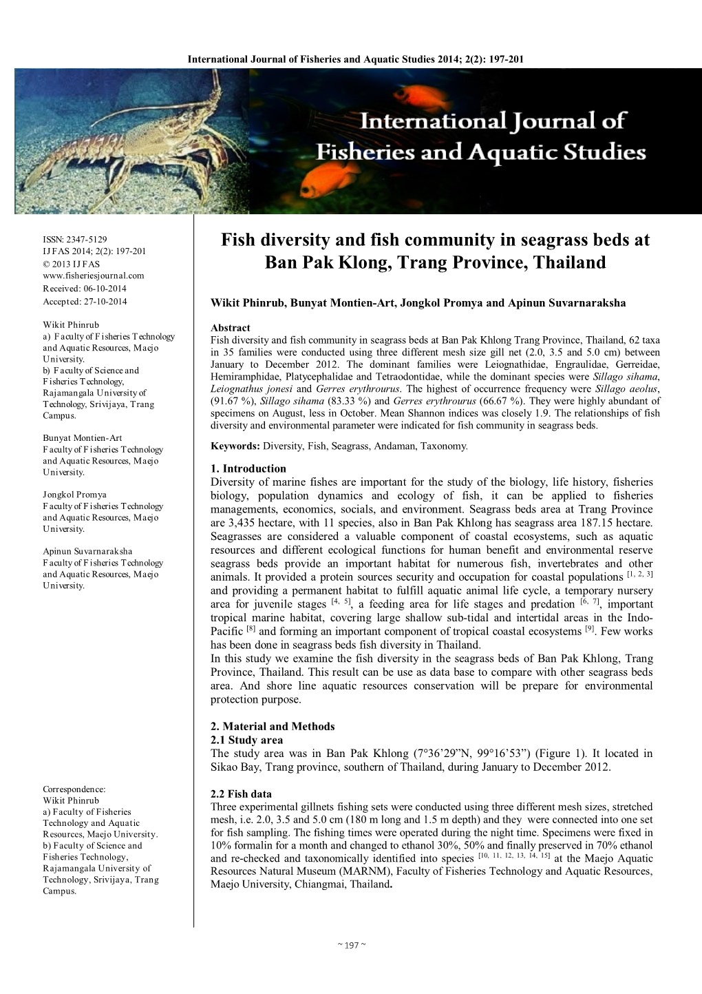 Fish Diversity and Fish Community in Seagrass Beds at Ban Pak Klong