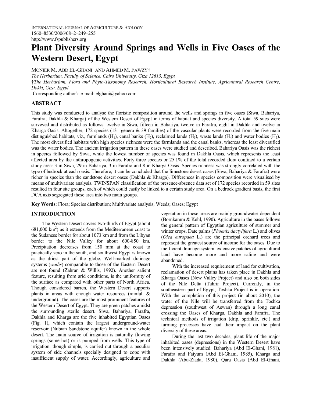 Plant Diversity Around Springs and Wells in Five Oases of the Western Desert, Egypt