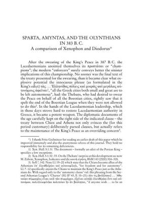 SPARTA, AMYNTAS, and the OLYNTHIANS in 383 B. C. a Comparison of Xenophon and Diodorus*