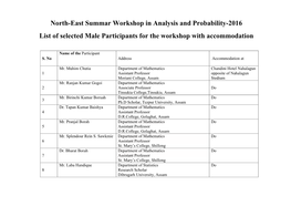 North-East Summar Workshop in Analysis and Probability-2016 List
