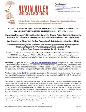 Alvin Ailey American Dance Theater Announces Performance Schedule for New York City Center Season December 3, 2014 – January 4, 2015