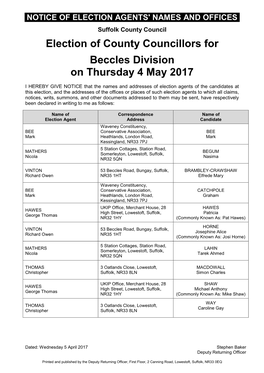 Election of County Councillors for Beccles Division on Thursday 4