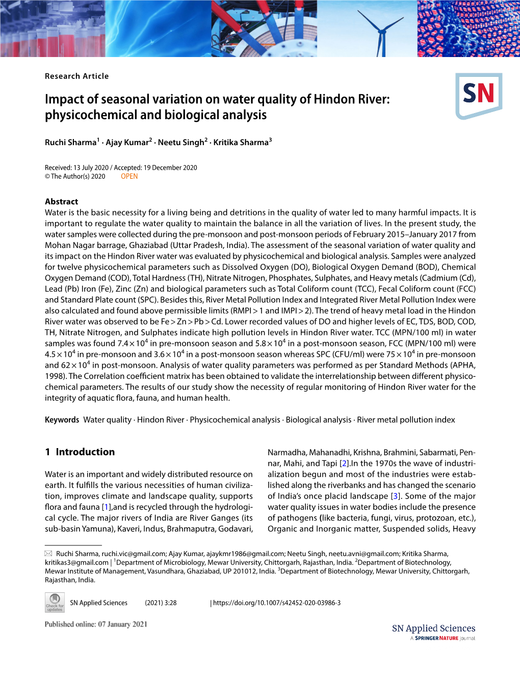 Impact of Seasonal Variation on Water Quality of Hindon River: Physicochemical and Biological Analysis