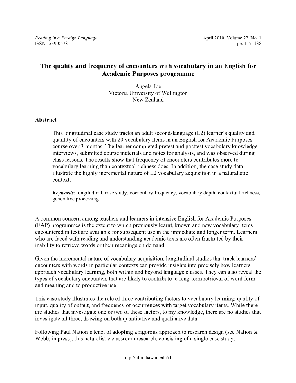 The Quality and Frequency of Encounters with Vocabulary in an English for Academic Purposes Programme
