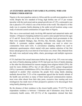 AN EXTENDED ABSTRACT of FAMILY PLANNING: WHO and WHERE UNDER-SERVED Nigeria Is the Most Populous Nation in Africa and the Seventh Most Populous in the World