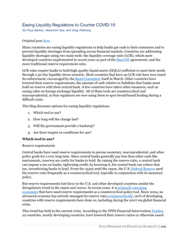 Easing Liquidity Regulations to Counter COVID-19 by Priya Sankar, Alexander Nye, and Greg Feldberg