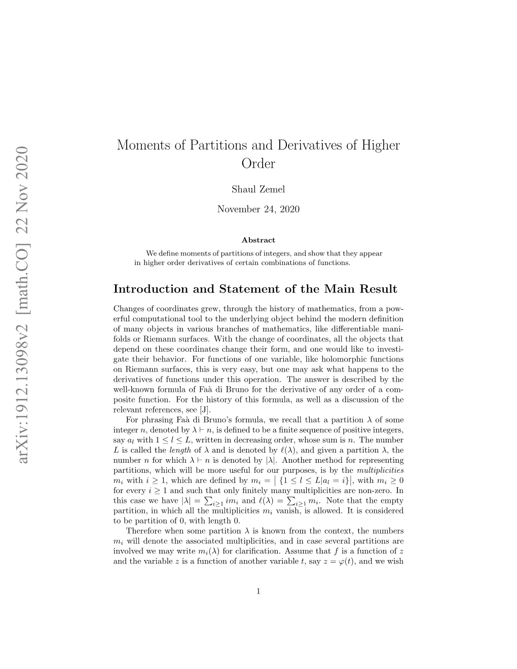 Moments of Partitions and Derivatives of Higher Order