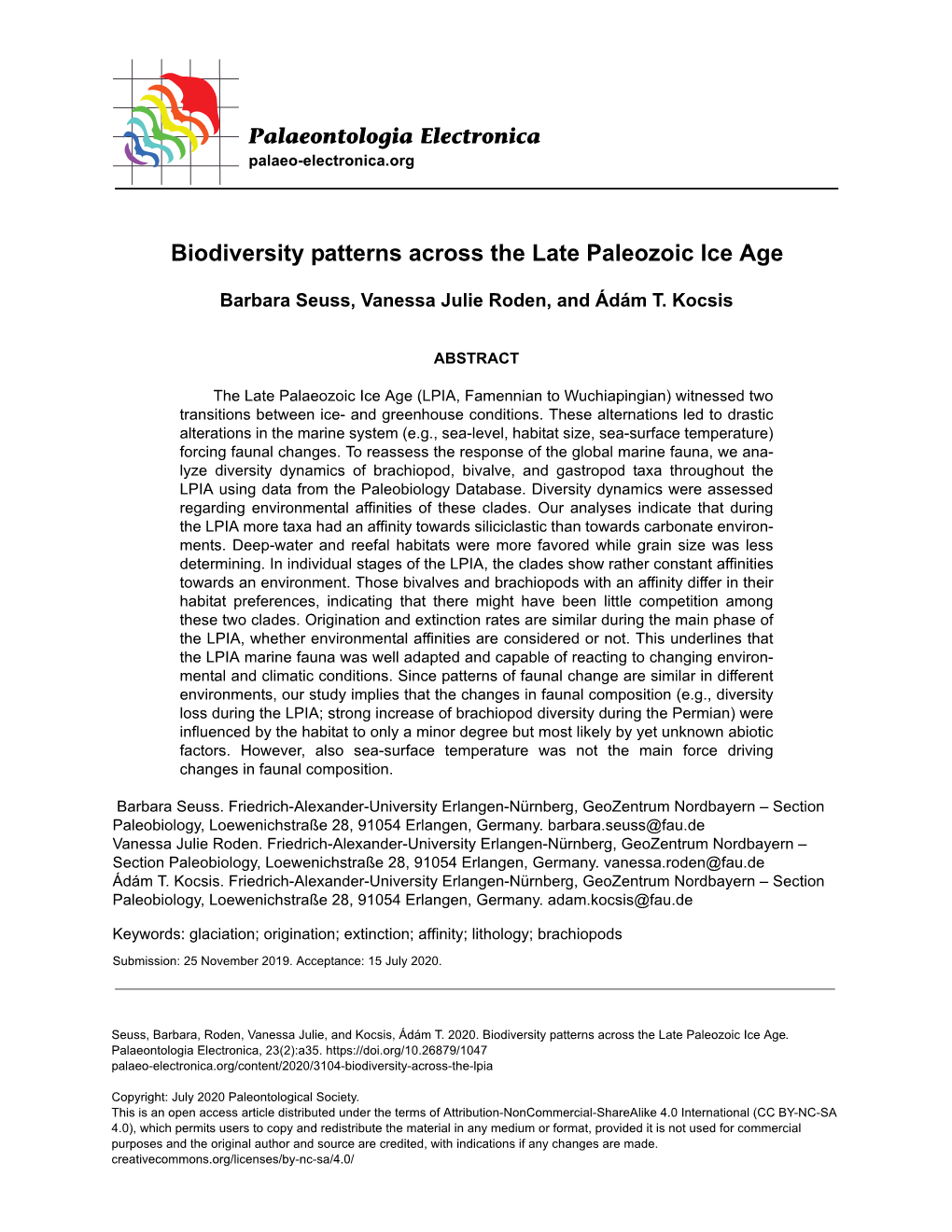 Biodiversity Patterns Across the Late Paleozoic Ice Age