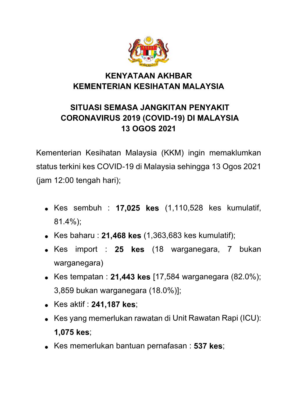 Kenyataan Akhbar Ketua Pengarah Kesihatan