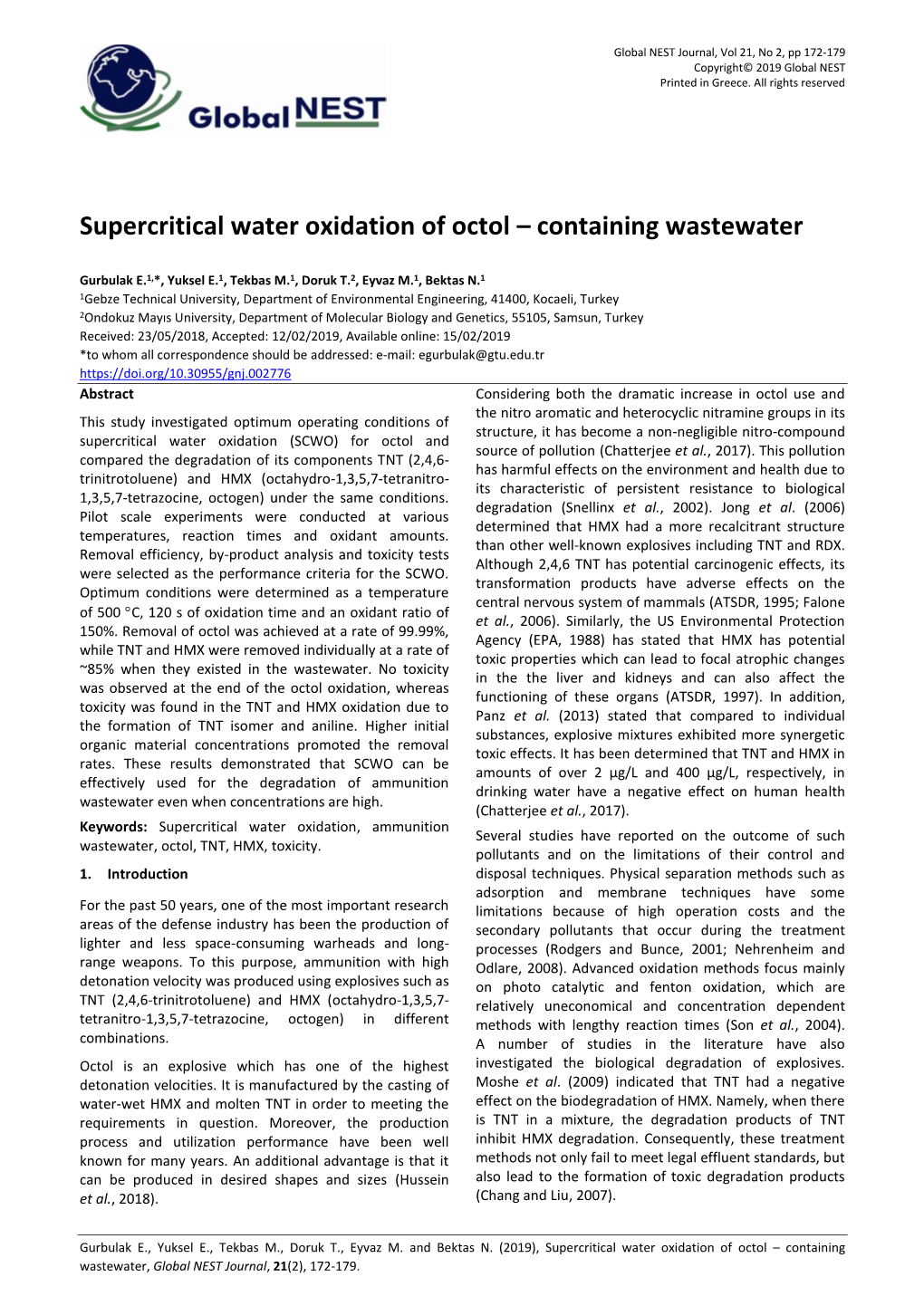 Supercritical Water Oxidation of Octol – Containing Wastewater