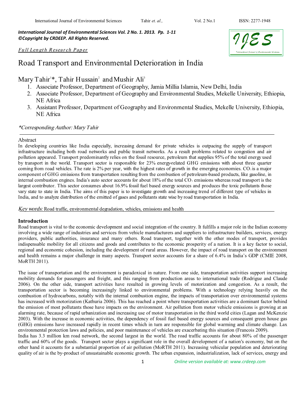 Road Transport and Environmental Deterioration in India