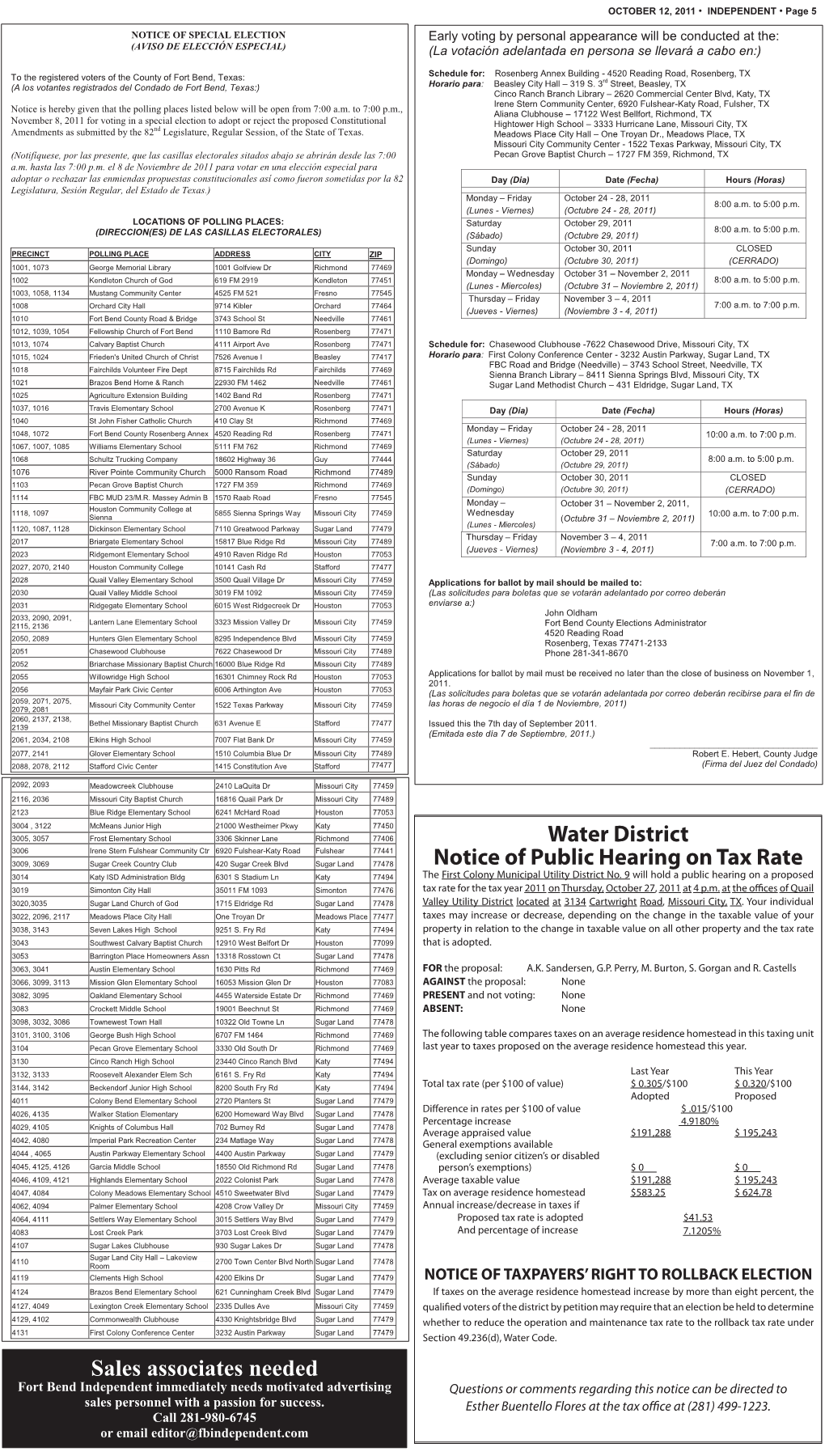 Water District Notice of Public Hearing on Tax Rate Sales Associates