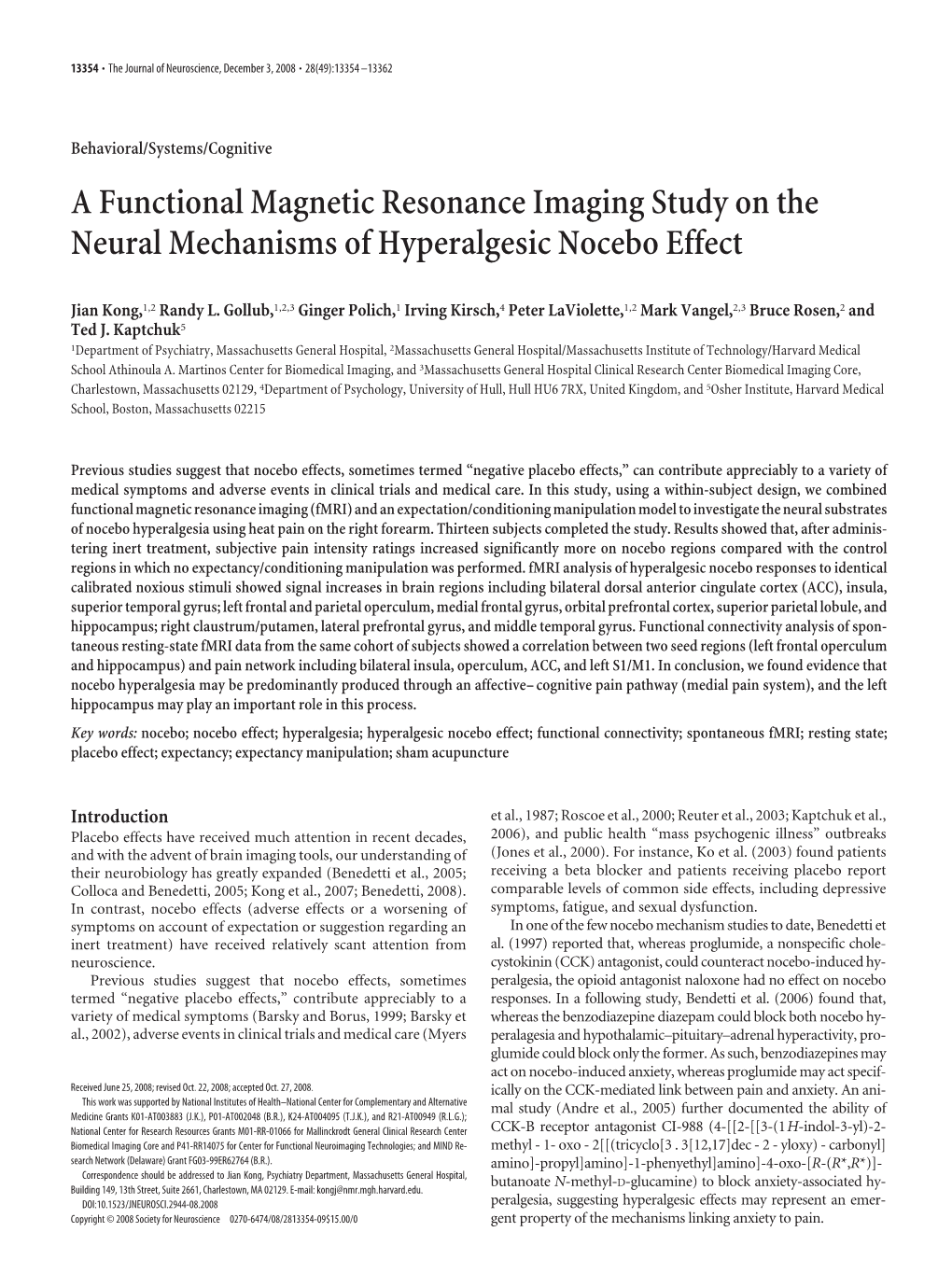 A Functional Magnetic Resonance Imaging Study on the Neural Mechanisms of Hyperalgesic Nocebo Effect