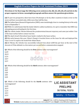 English Practice Papers for LIC Assistant Prelims 2019