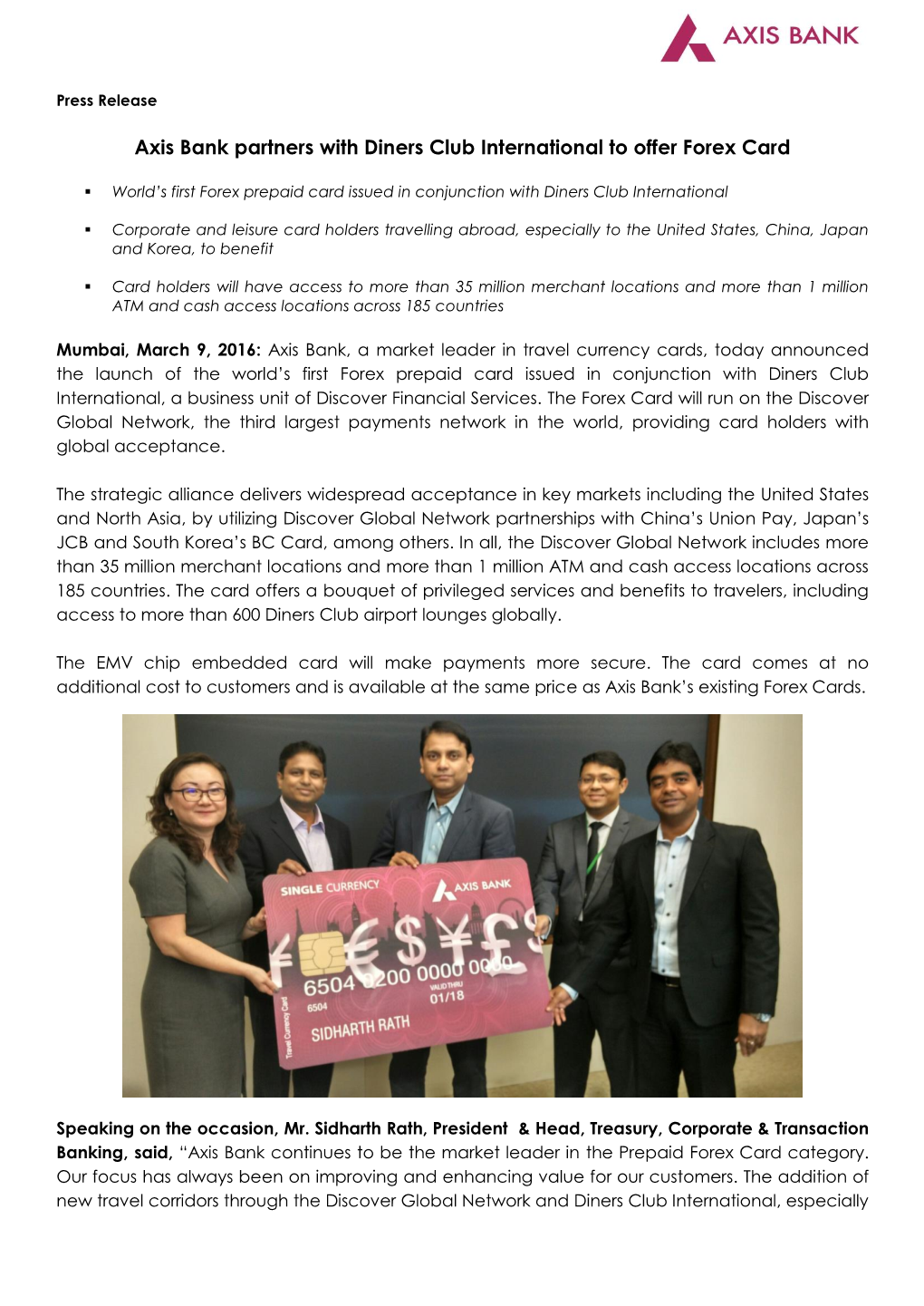 Axis Bank Partners with Diners Club International to Offer Forex Card