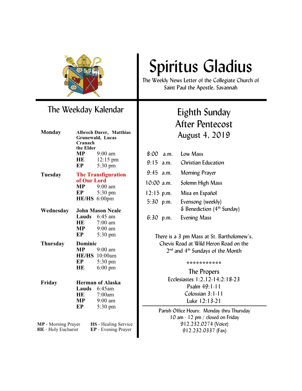 Spiritus Gladius the Weekly News Letter of the Collegiate Church of Saint Paul the Apostle, Savannah