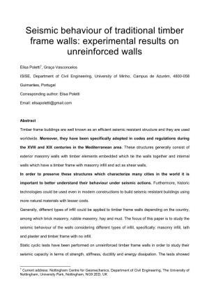 Seismic Behaviour of Traditional Timber Frame Walls: Experimental Results on Unreinforced Walls