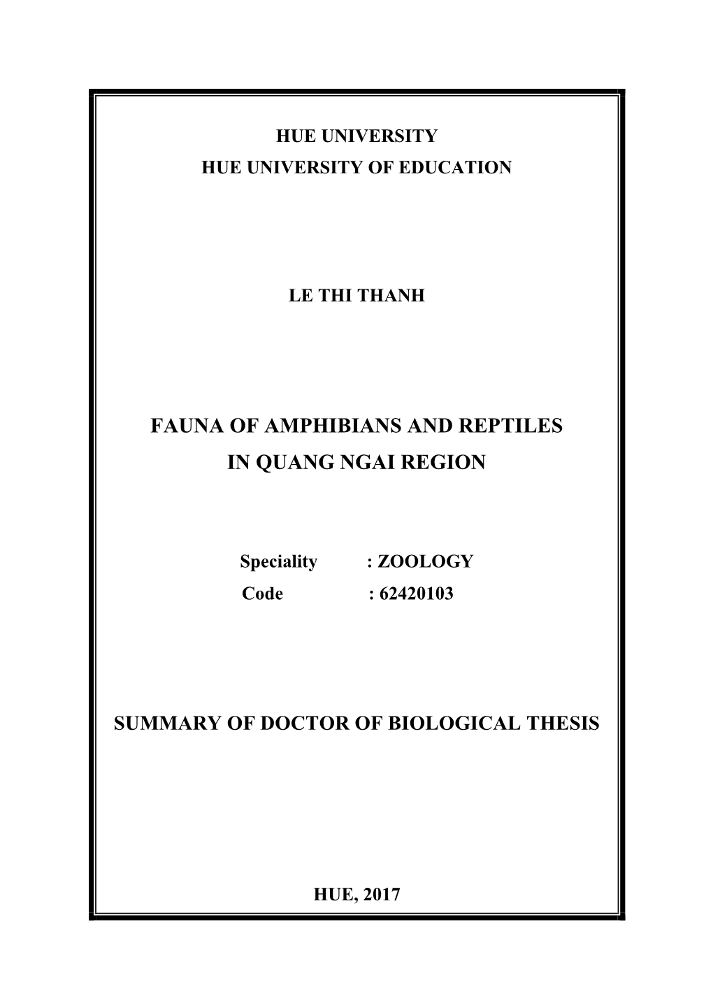 Fauna of Amphibians and Reptiles in Quang Ngai Region