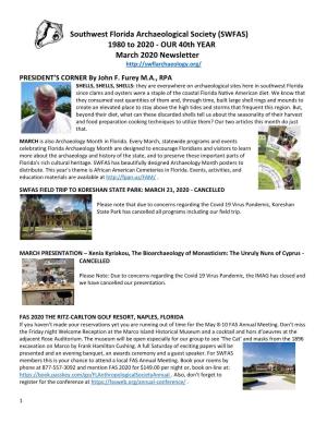 Southwest Florida Archaeological Society (SWFAS) 1980 to 2020 - OUR 40Th YEAR March 2020 Newsletter
