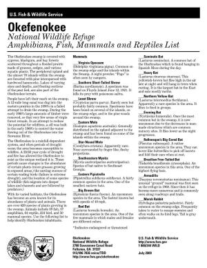 Okefenokee National Wildlife Refuge Amphibians, Fish, Mammals and Reptiles List