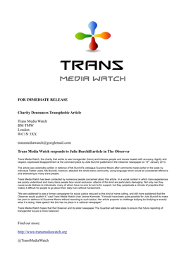 FOR IMMEDIATE RELEASE Charity Denounces Transphobic Article Trans Media Watch BM TMW London WC1N 3XX Transmediawatch@Googlemail