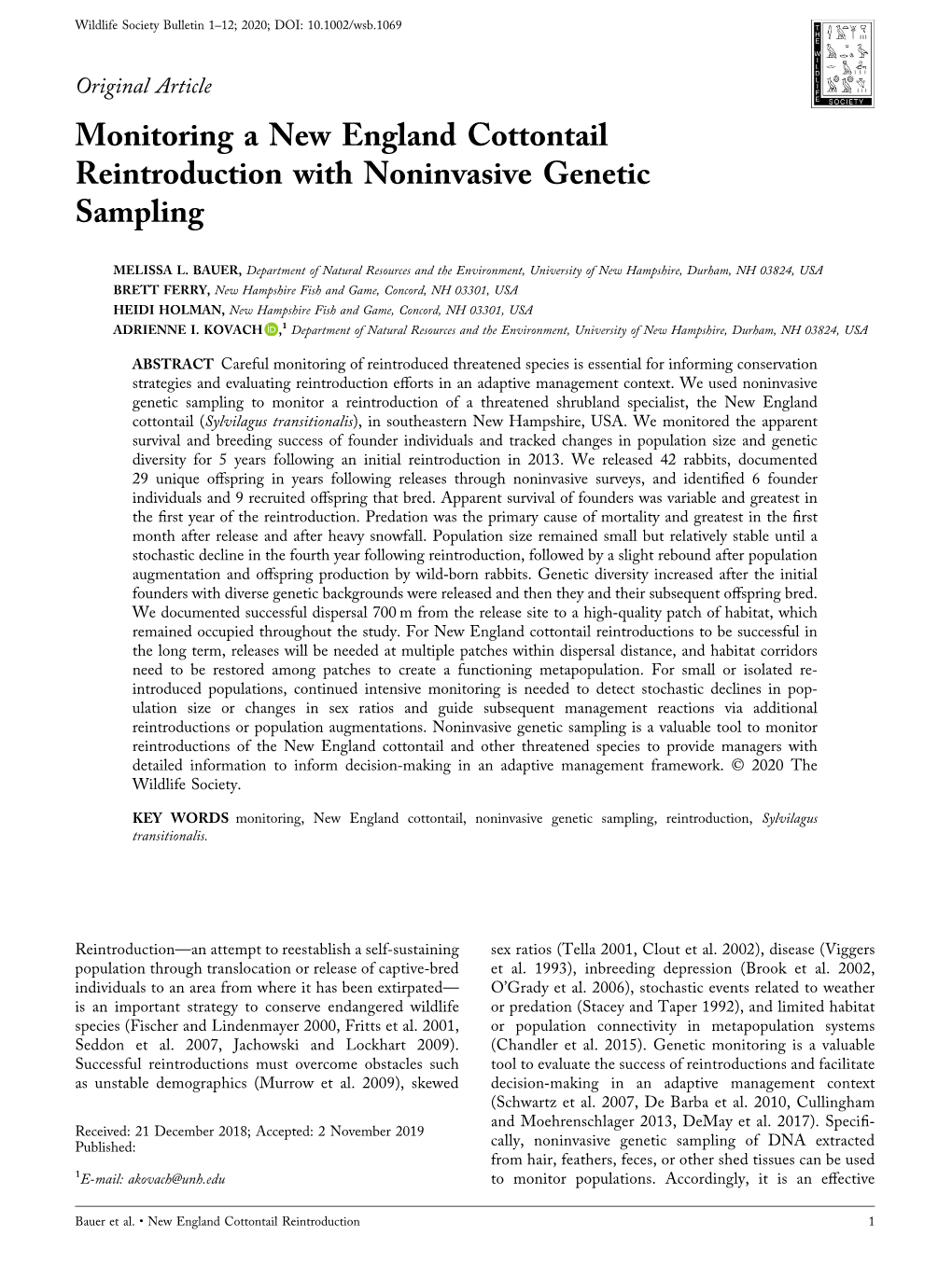 Monitoring a New England Cottontail Reintroduction with Noninvasive