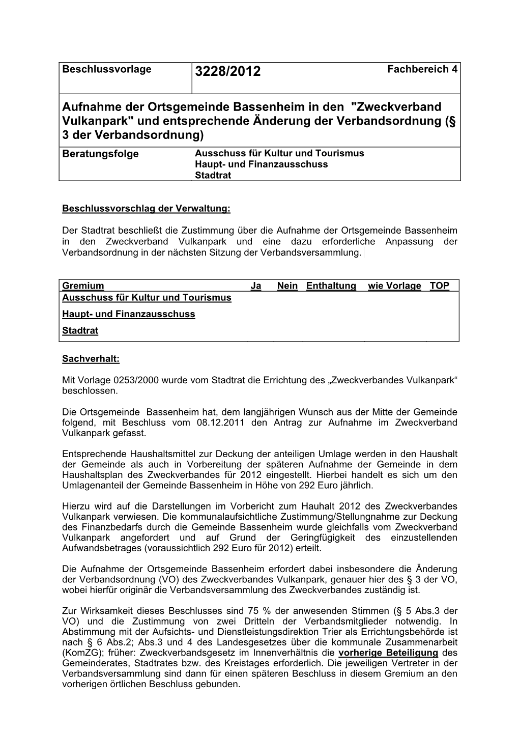 Aufnahme Der Ortsgemeinde Bassenheim in Den "Zweckverband