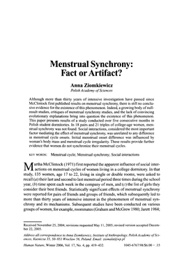 Menstrual Synchrony: Fact Or Artifact?