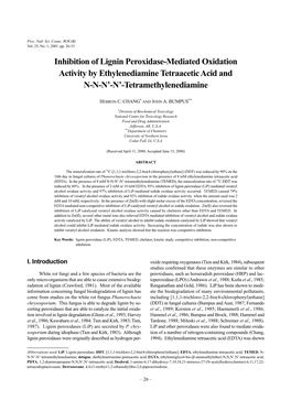 Inhibition of Lignin Peroxidase-Mediated Oxidation Activity by Ethylenediamine Tetraacetic Acid and N-N-N’-N’-Tetramethylenediamine