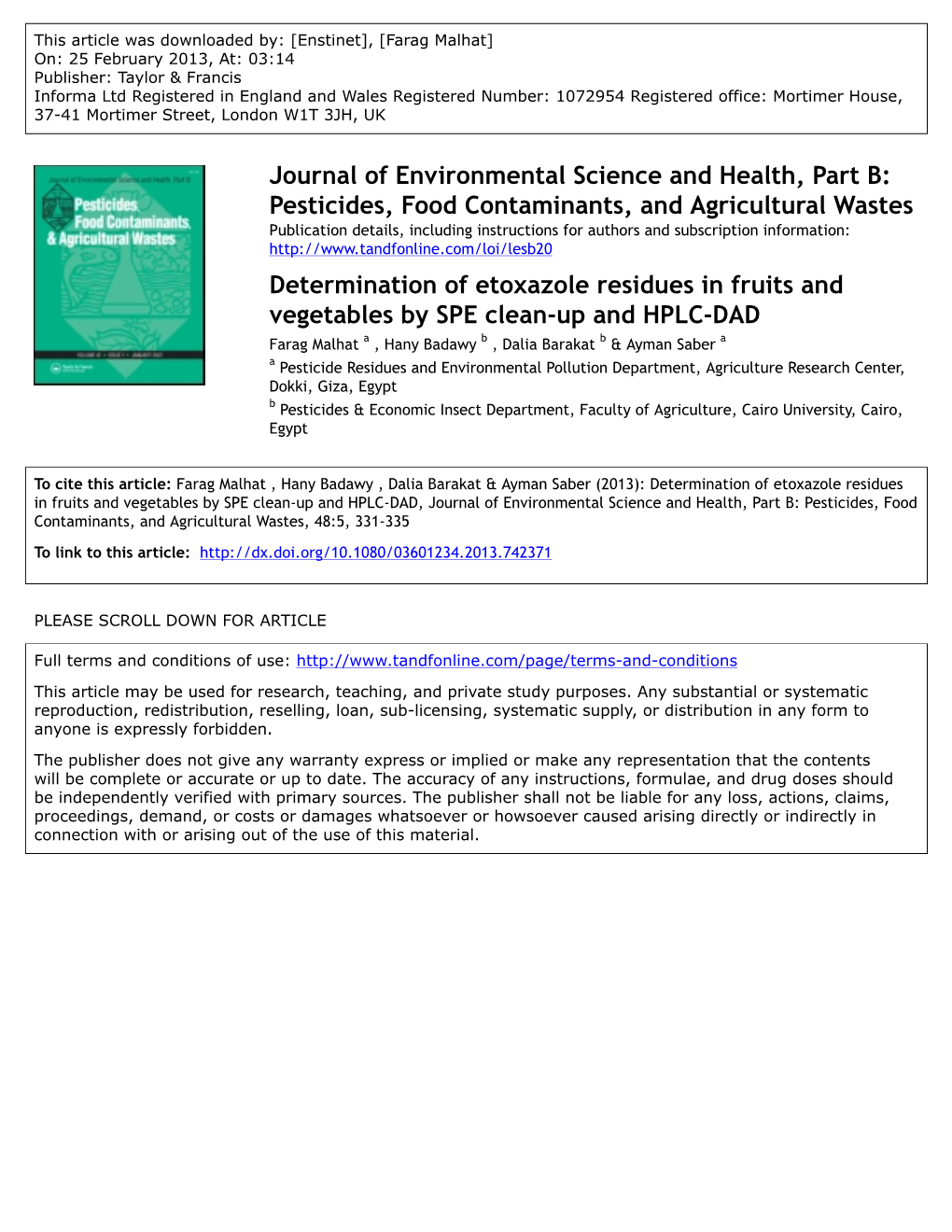 Determination of Etoxazole Residues in Fruits and Vegetables by SPE Clean