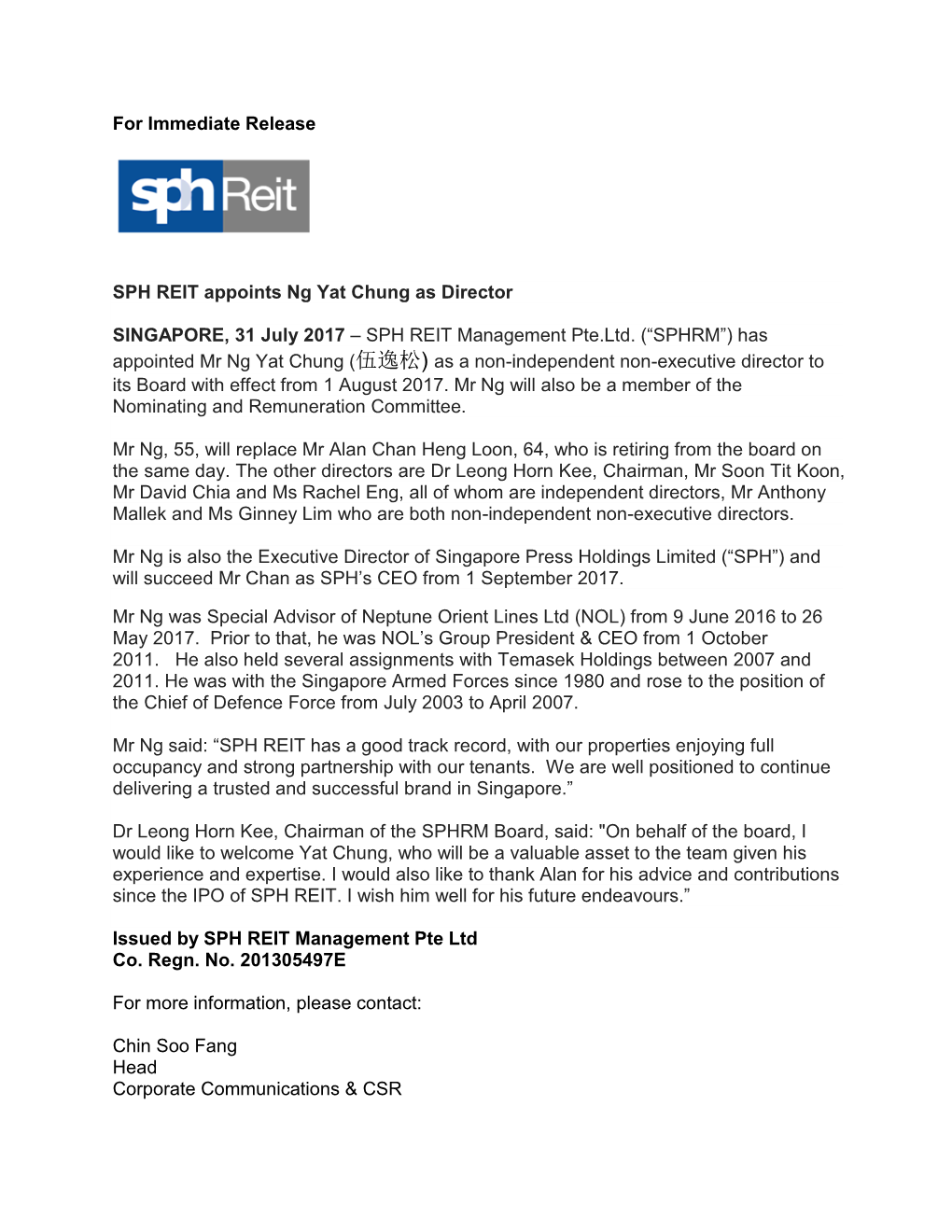 For Immediate Release SPH REIT Appoints Ng Yat Chung As Director