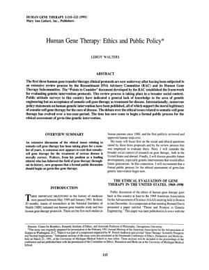 Human Gene Therapy: Ethics and Public Policy*