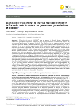 Examination of an Attempt to Improve Rapeseed Cultivation in France in Order to Reduce the Greenhouse Gas Emissions of Biodiesel☆