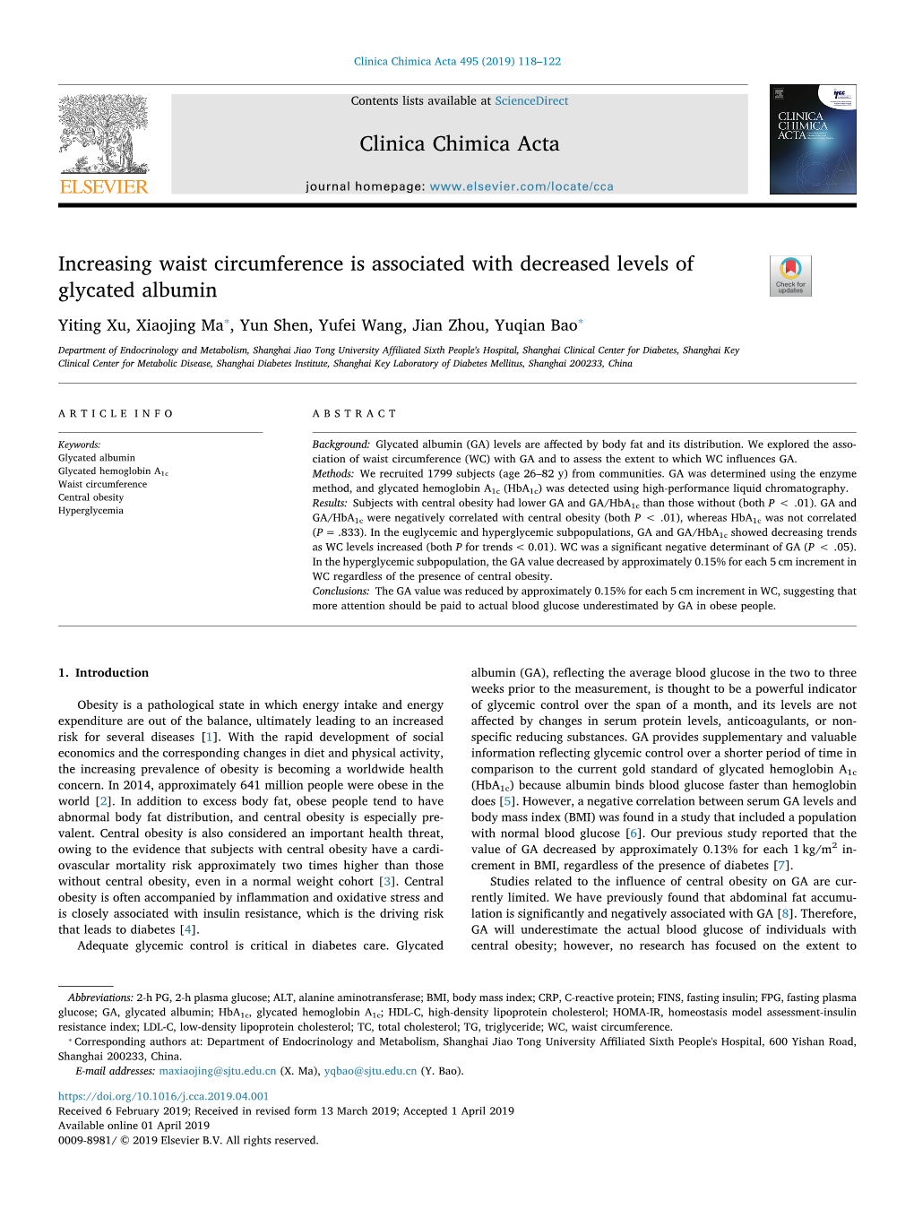 Increasing Waist Circumference Is Associated with Decreased Levels of Glycated Albumin T ⁎ ⁎ Yiting Xu, Xiaojing Ma , Yun Shen, Yufei Wang, Jian Zhou, Yuqian Bao