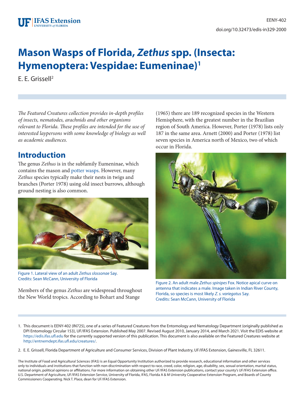 Mason Wasps of Florida, Zethus Spp. (Insecta: Hymenoptera: Vespidae: Eumeninae)1 E