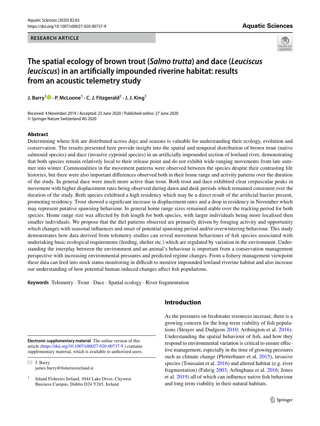 The Spatial Ecology of Brown Trout (Salmo Trutta) and Dace