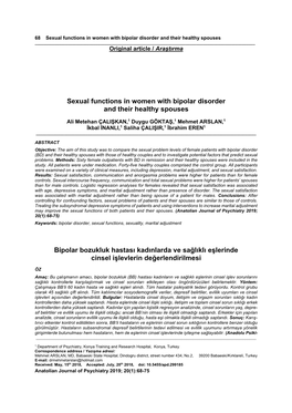 Sexual Functions in Women with Bipolar Disorder and Their Healthy Spouses Bipolar Bozukluk Hastası Kadınlarda Ve Sağlıklı