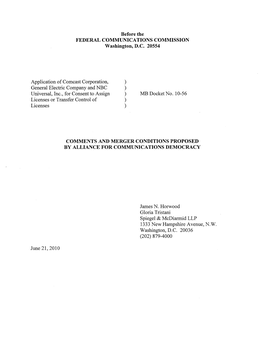 Before the FEDERAL COMMUNICATIONS COMMISSION Washington, D.C. 20554 Application of Comcast Corporation, General Electric Company