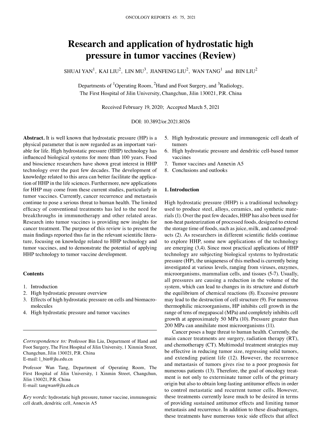 Research and Application of Hydrostatic High Pressure in Tumor Vaccines (Review)