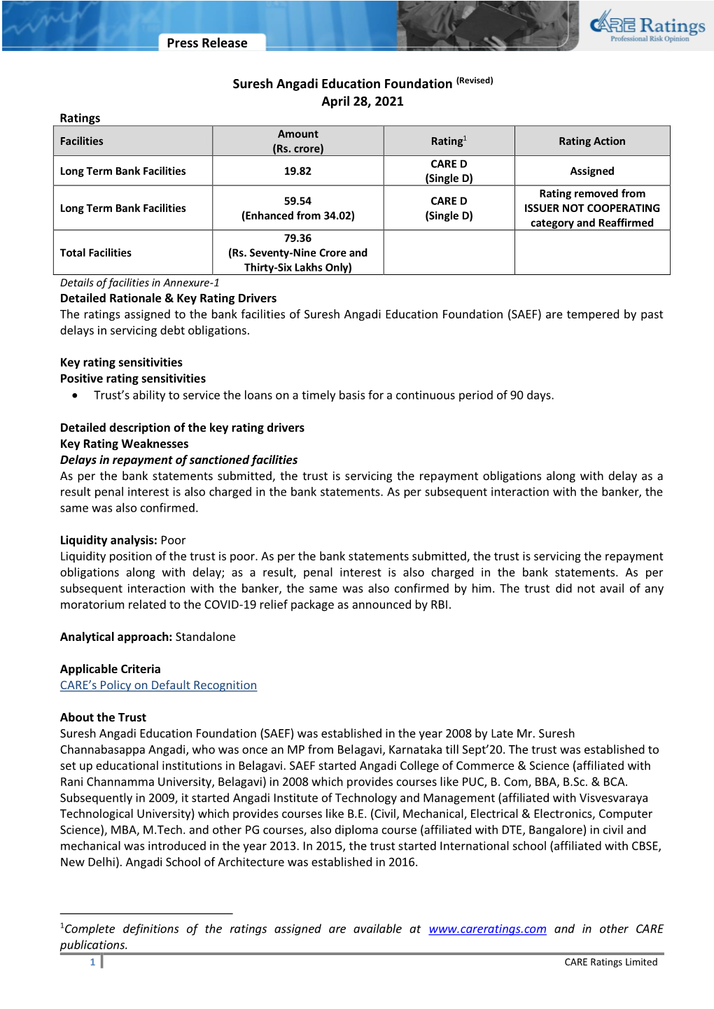 Press Release Suresh Angadi Education Foundation